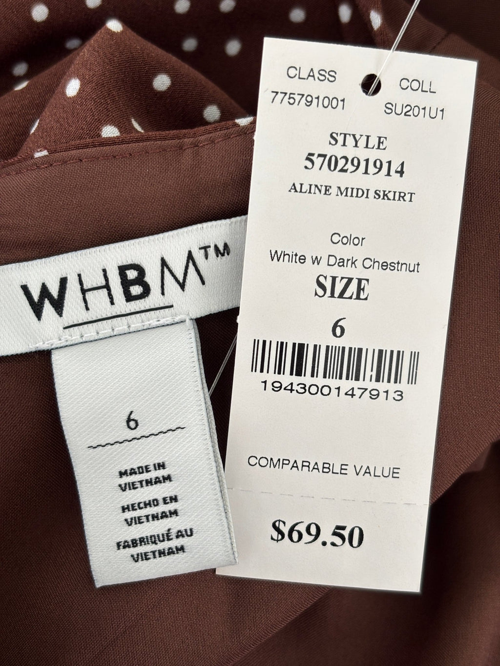 WHBM brown polka dot A-line midi skirt original tag retail $69.50 brand new Sassy and Chic
