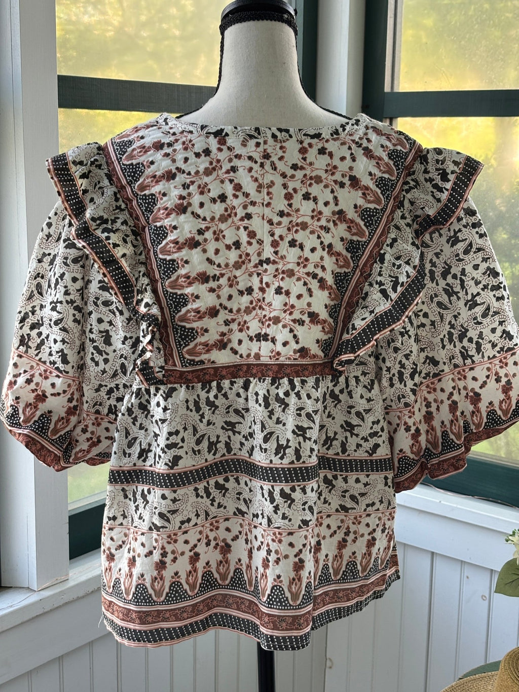 Calypso St Barth boho peasant blouse back view dramatic ruffles thrifted tops like new Sassy and Chic