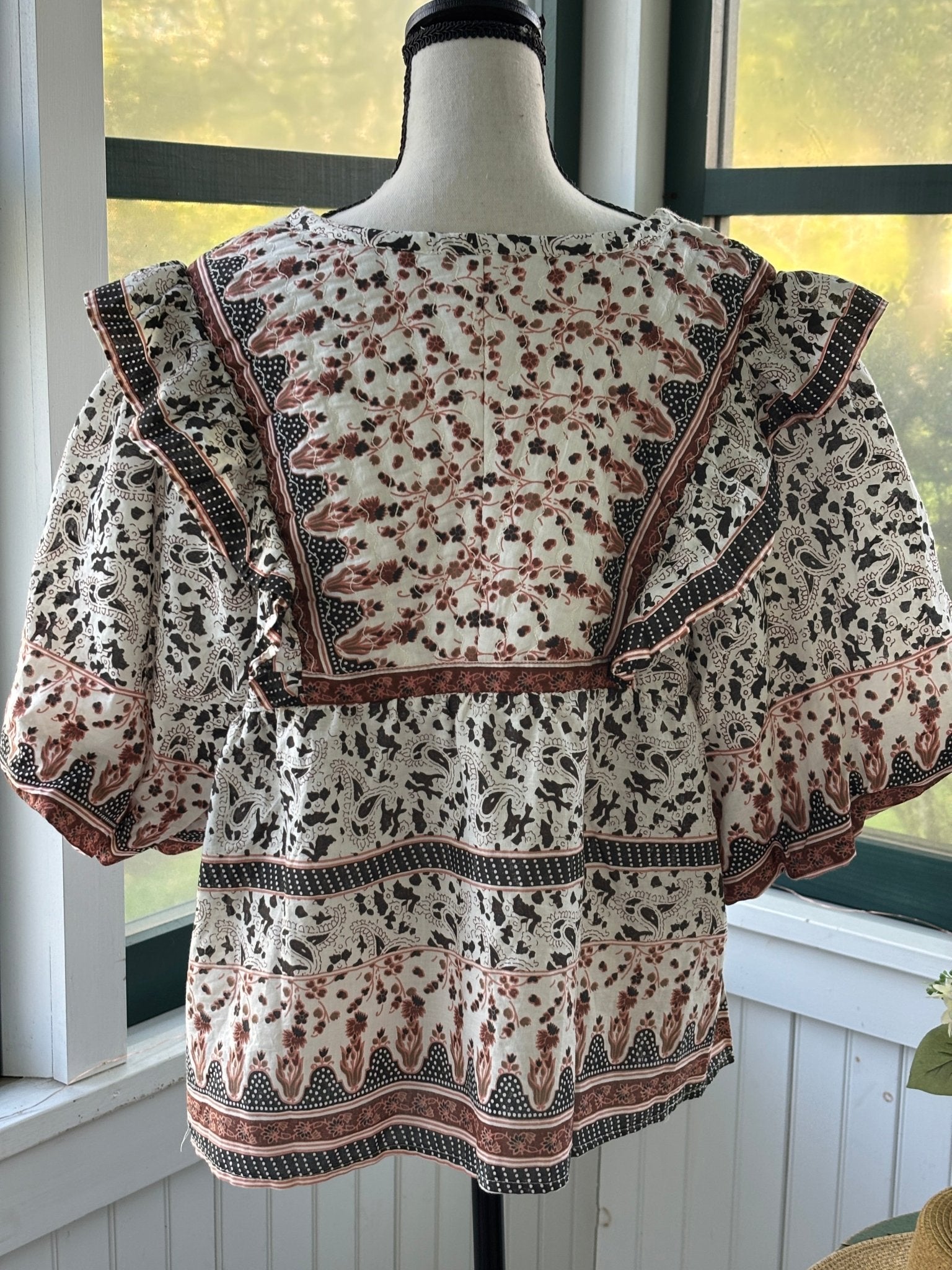 Calypso St Barth boho peasant blouse back view dramatic ruffles thrifted tops like new Sassy and Chic