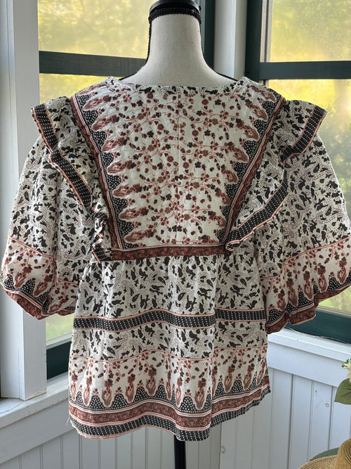 Calypso St Barth boho peasant blouse back view dramatic ruffles thrifted tops like new Sassy and Chic