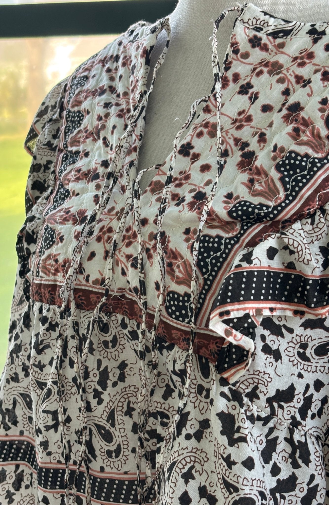 Calypso St Barth boho peasant blouse detail close up V-neckline ruffle trim like new Sassy and Chic