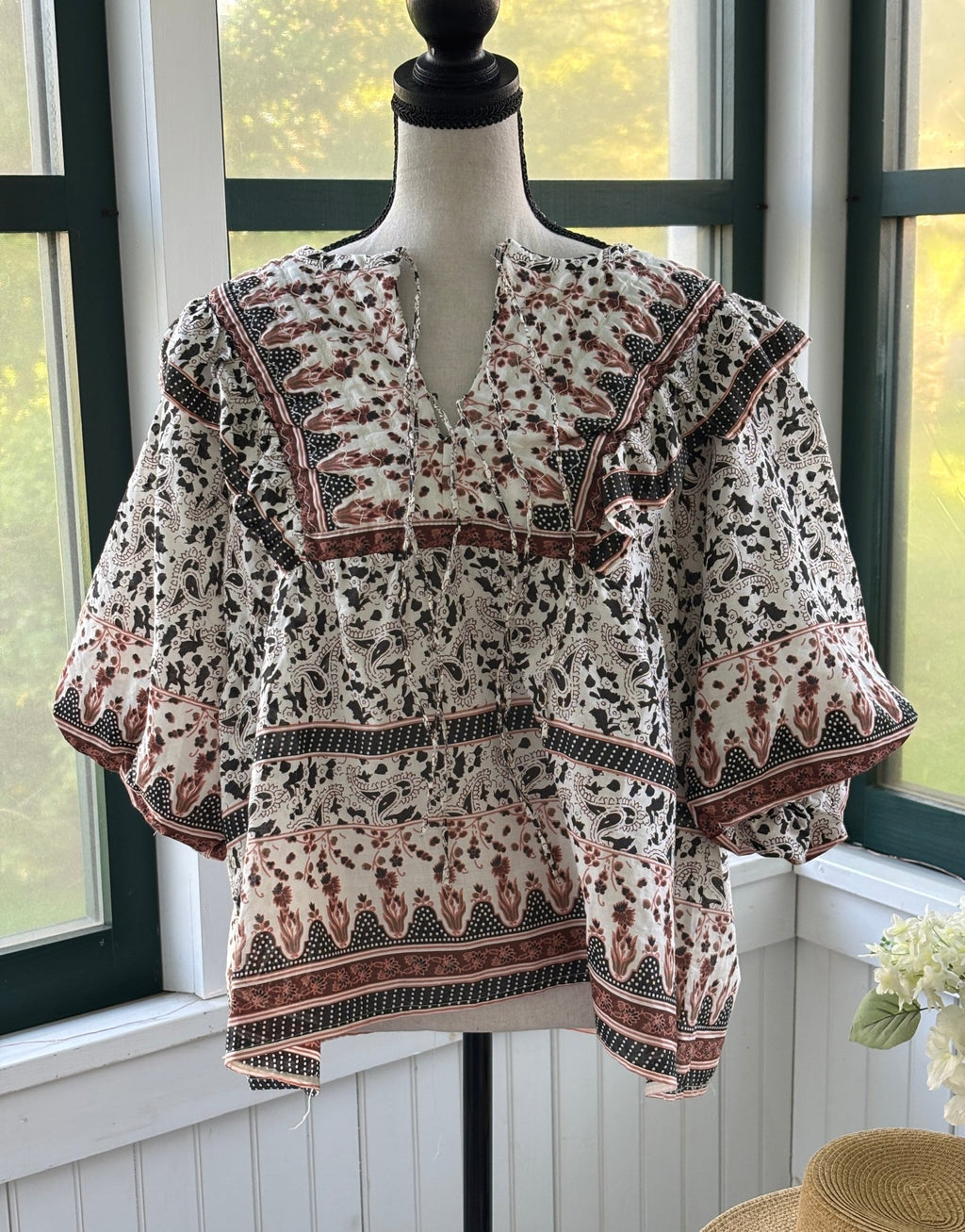 Calypso St Barth boho peasant blouse front view mixed print balloon sleeves thrifted tops Sassy and Chic (