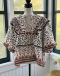 Calypso St Barth boho peasant blouse front view mixed print balloon sleeves thrifted tops Sassy and Chic (