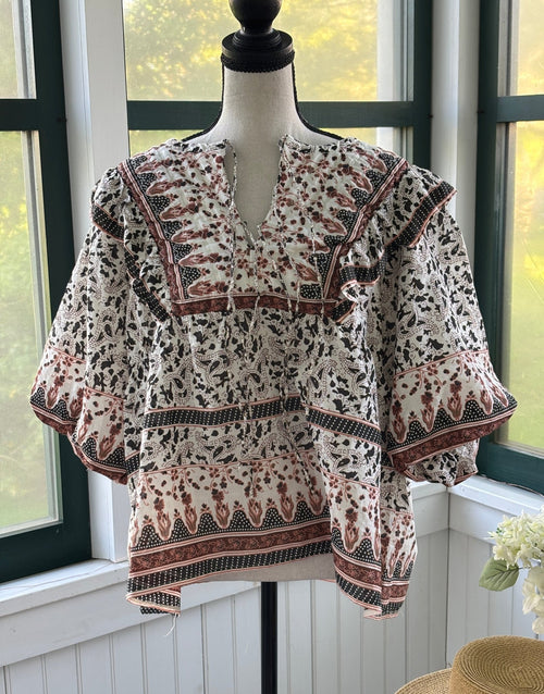 Calypso St Barth boho peasant blouse front view mixed print balloon sleeves thrifted tops Sassy and Chic (