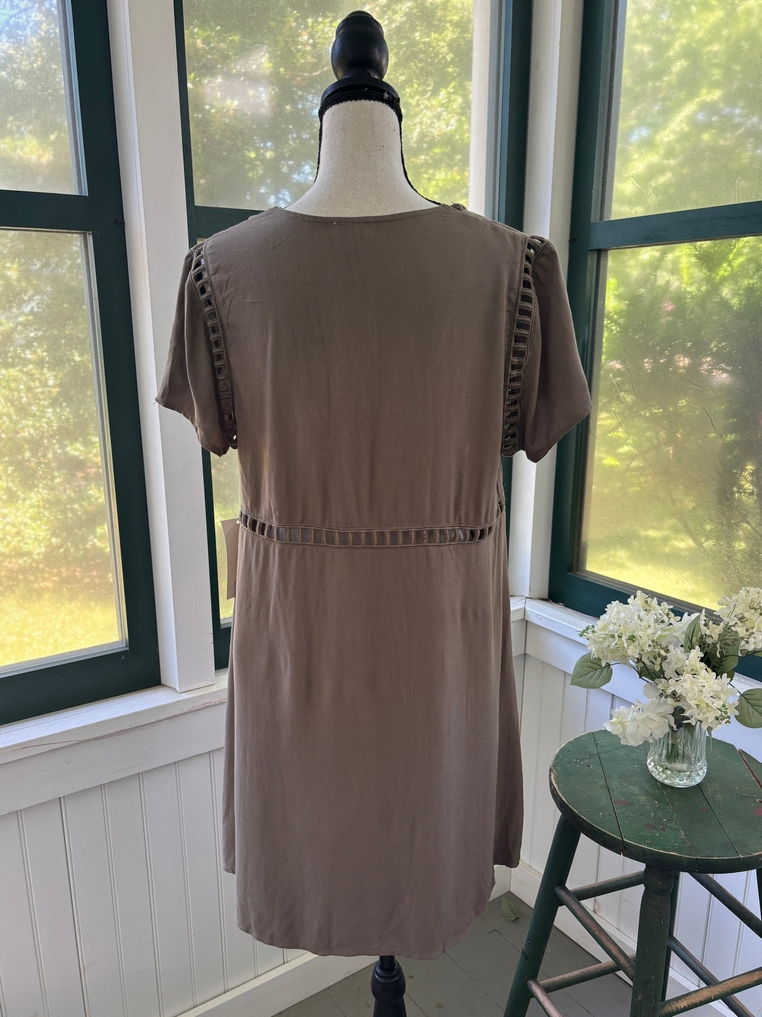 Full back view of Tobi taupe mini dress showing ladder trim along sleeve edges