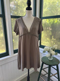 NWT Tobi taupe ladder trim mini dress on dress form, full front view