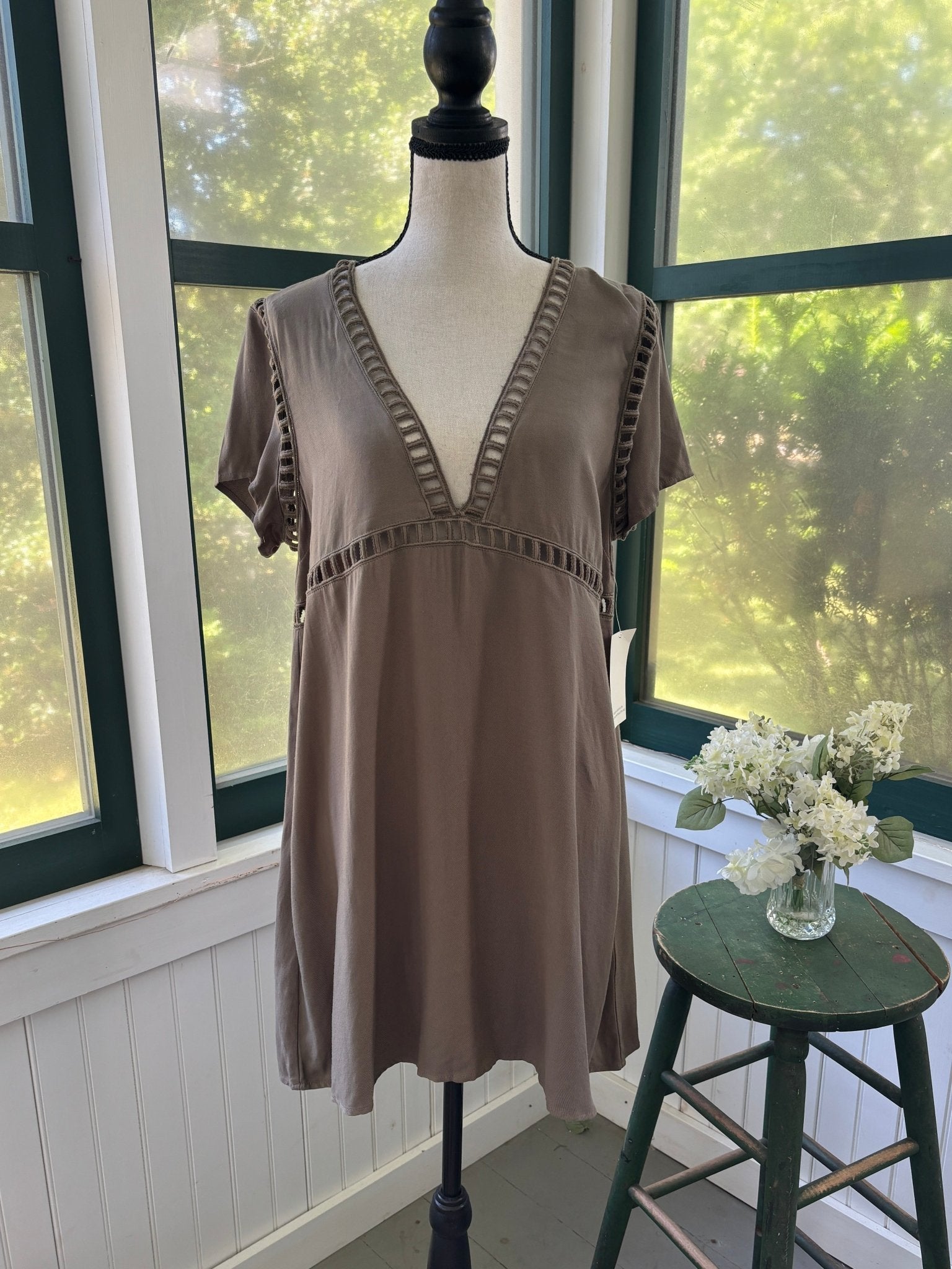 NWT Tobi taupe ladder trim mini dress on dress form, full front view