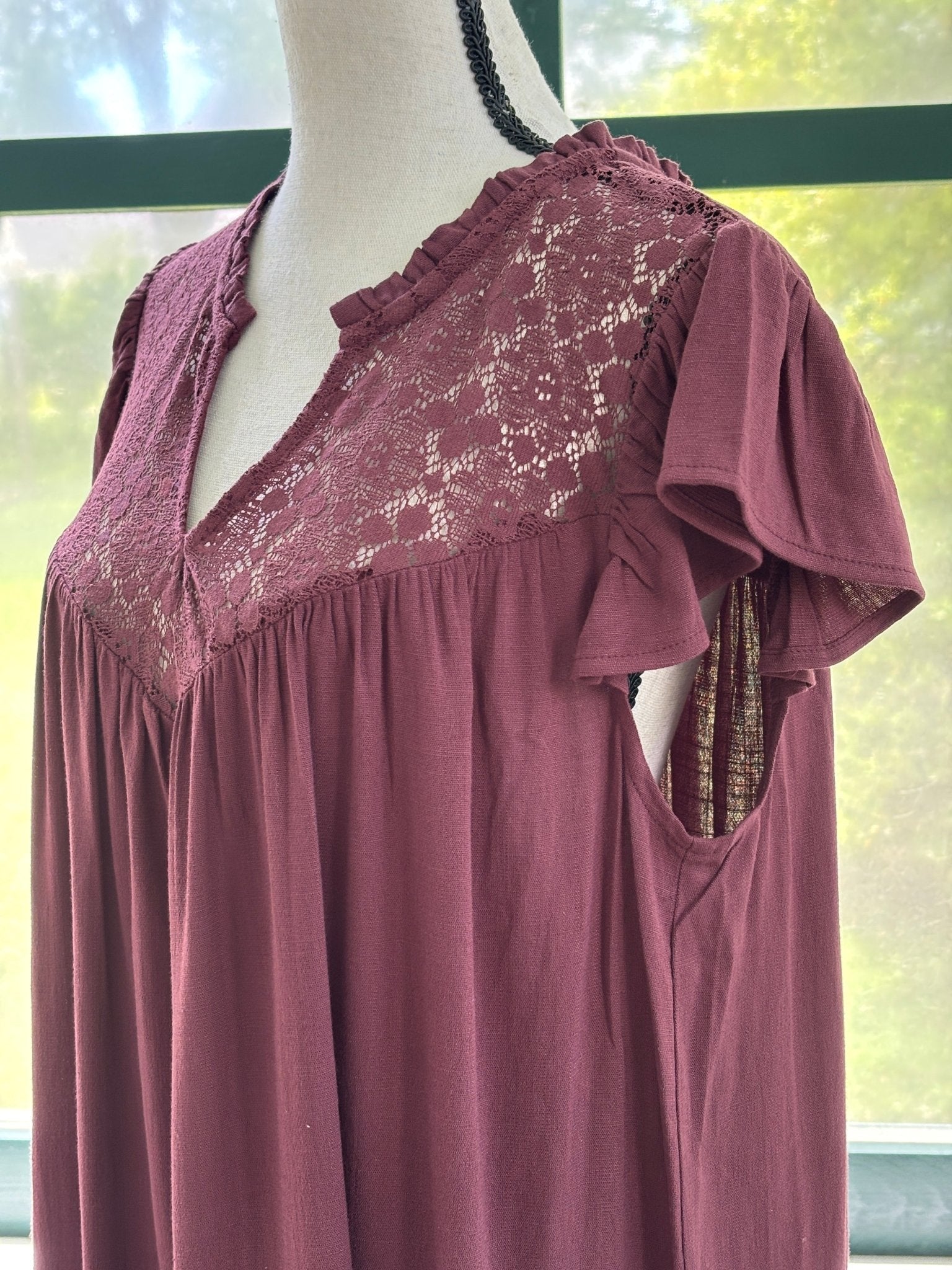 Torrid lace neck drop waist dress close up lace yoke neckline flutter sleeves burgundy size 12 Sassy and Chic
