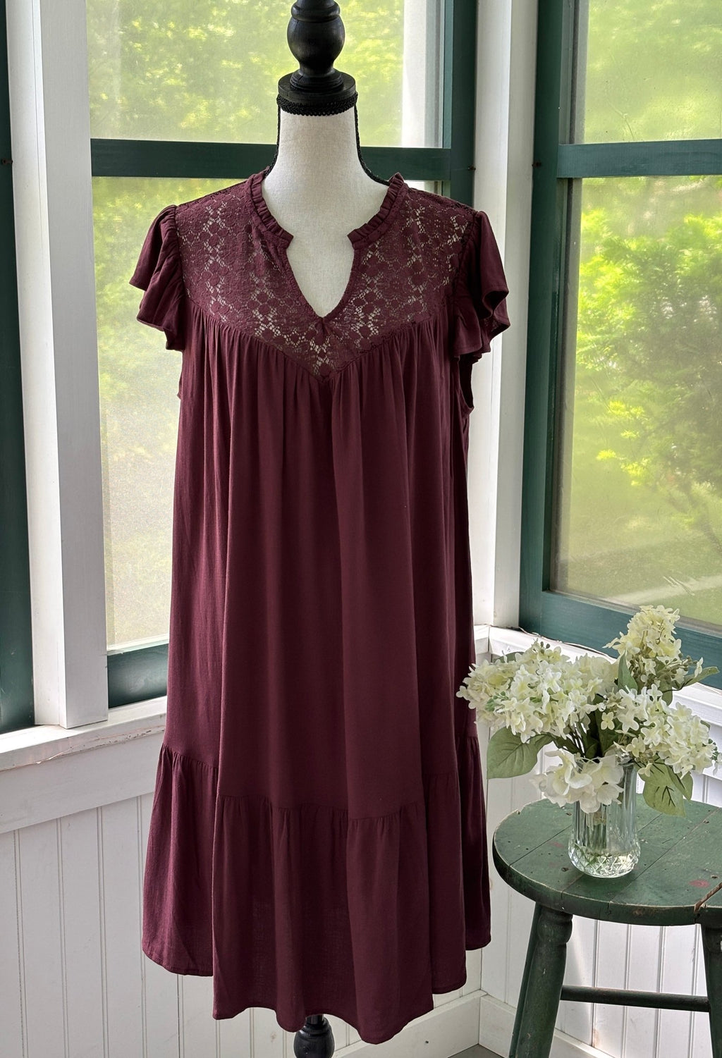 Torrid lace neck drop waist dress burgundy size 12 full length front view new with tags Sassy and Chic
