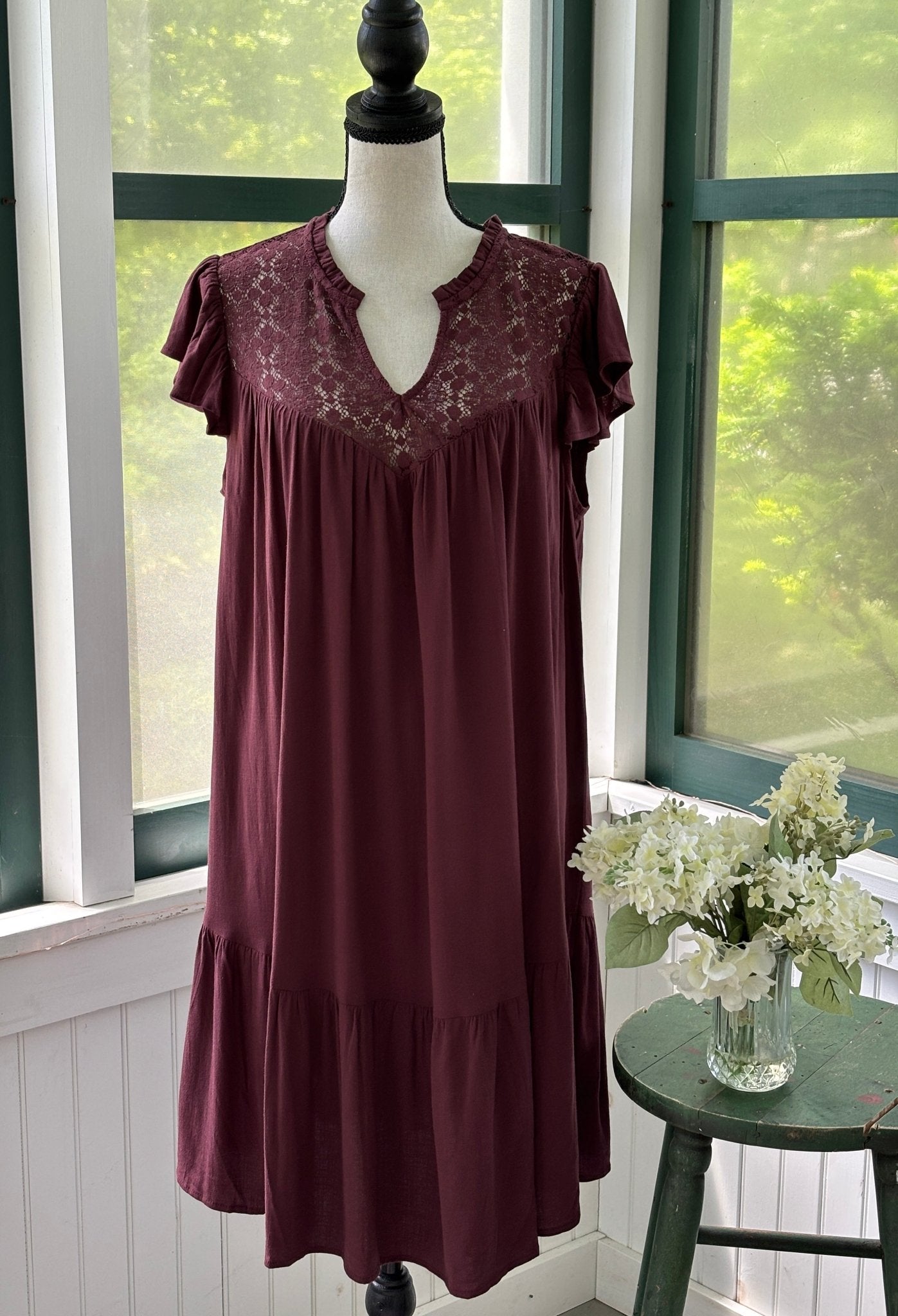Torrid lace neck drop waist dress burgundy size 12 full length front view new with tags Sassy and Chic