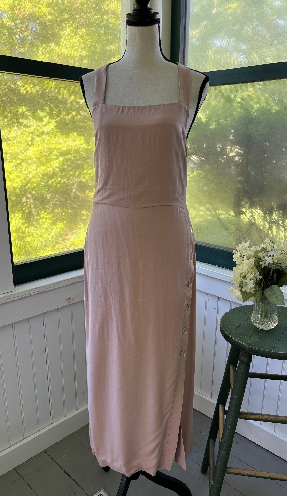Tularosa crossback midi dress size medium blush pink square neck mother of pearl buttons front view like new