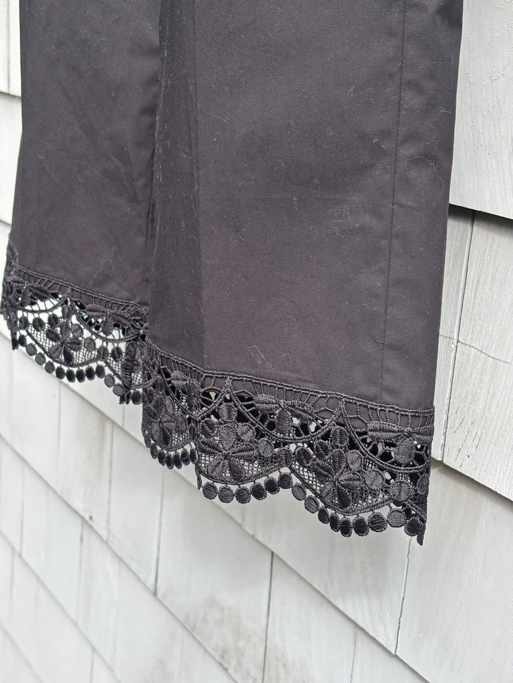TwinSet Milano black crop pants ornate lace hem pom pom trim detail close up Italian designer NWT