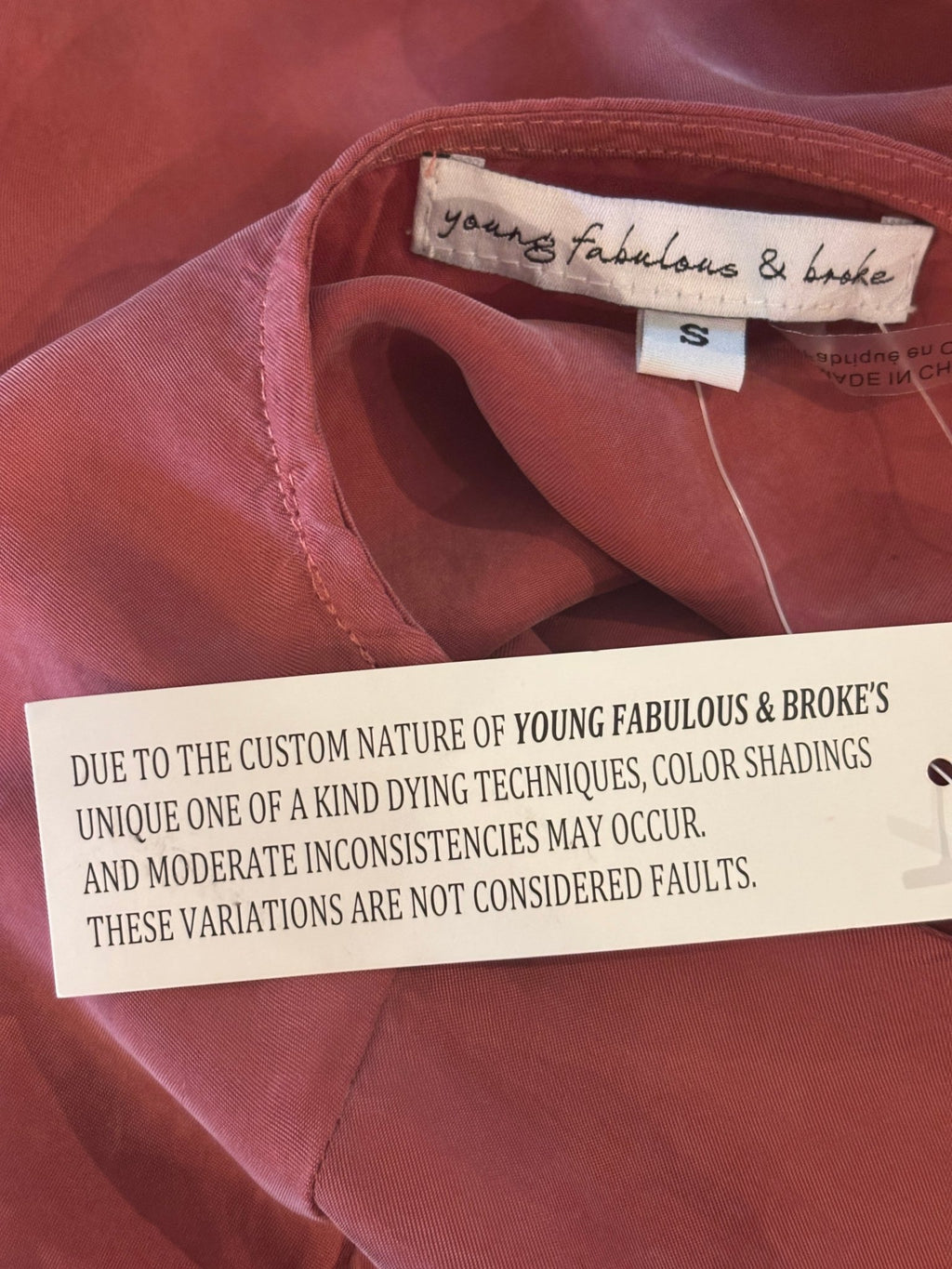 Young Fabulous & Broke brand label and artisan dyeing disclaimer hang tag, size Small