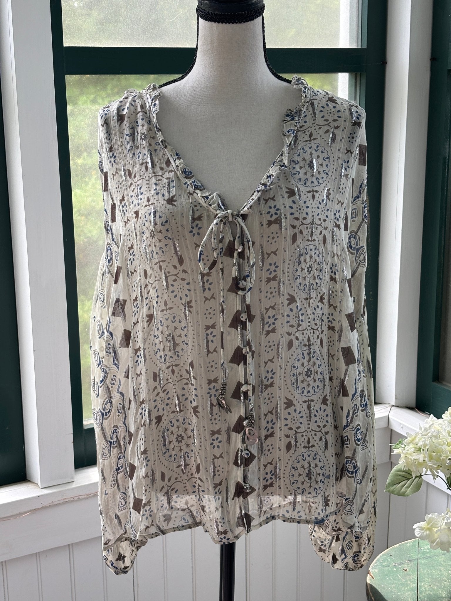 Zara ivory boho block print blouse with metallic stripe and tie neckline, size medium, front view on mannequin
