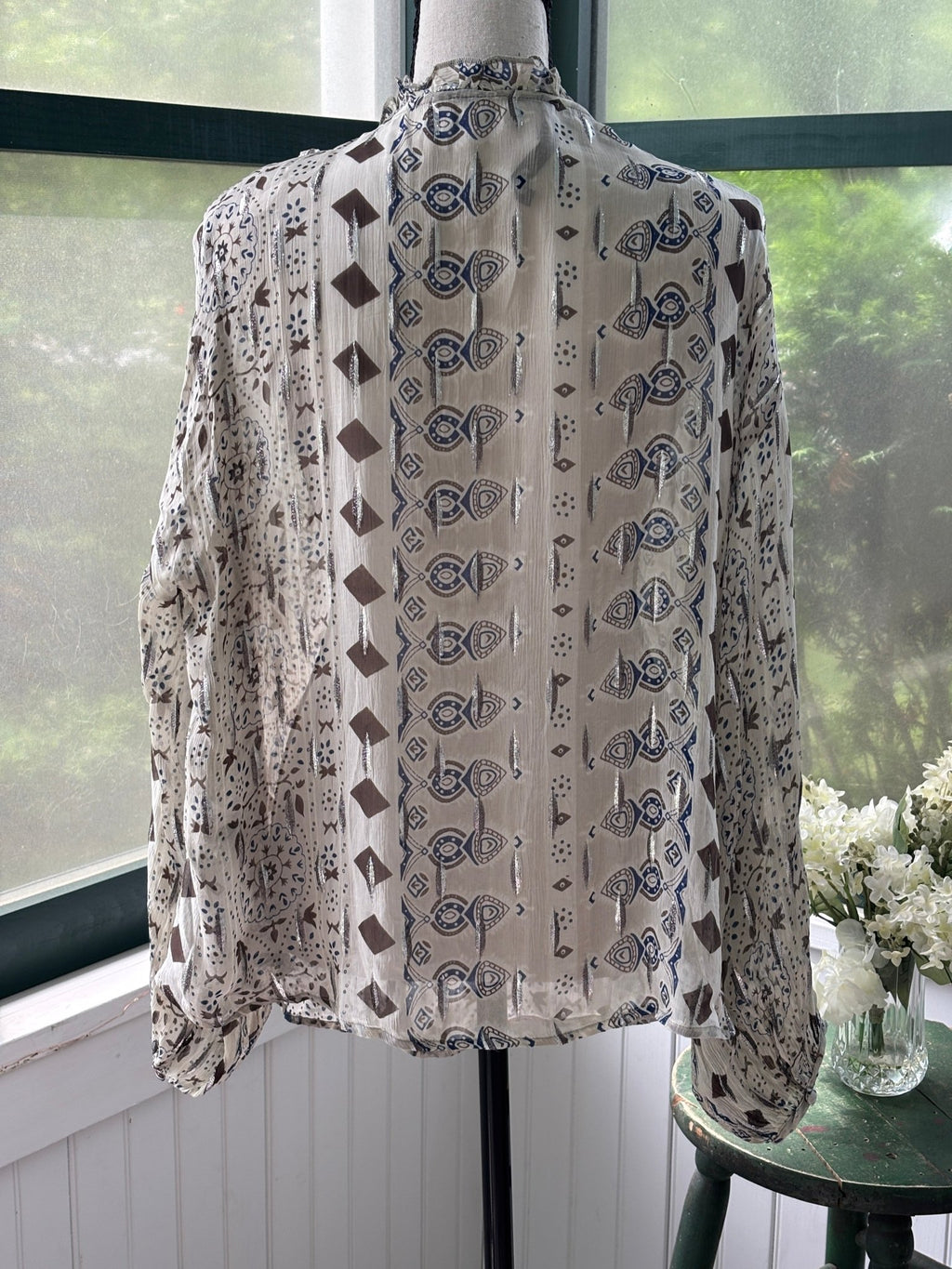 Zara ivory block print blouse back view showing balloon sleeves and gathered cuffs, size medium