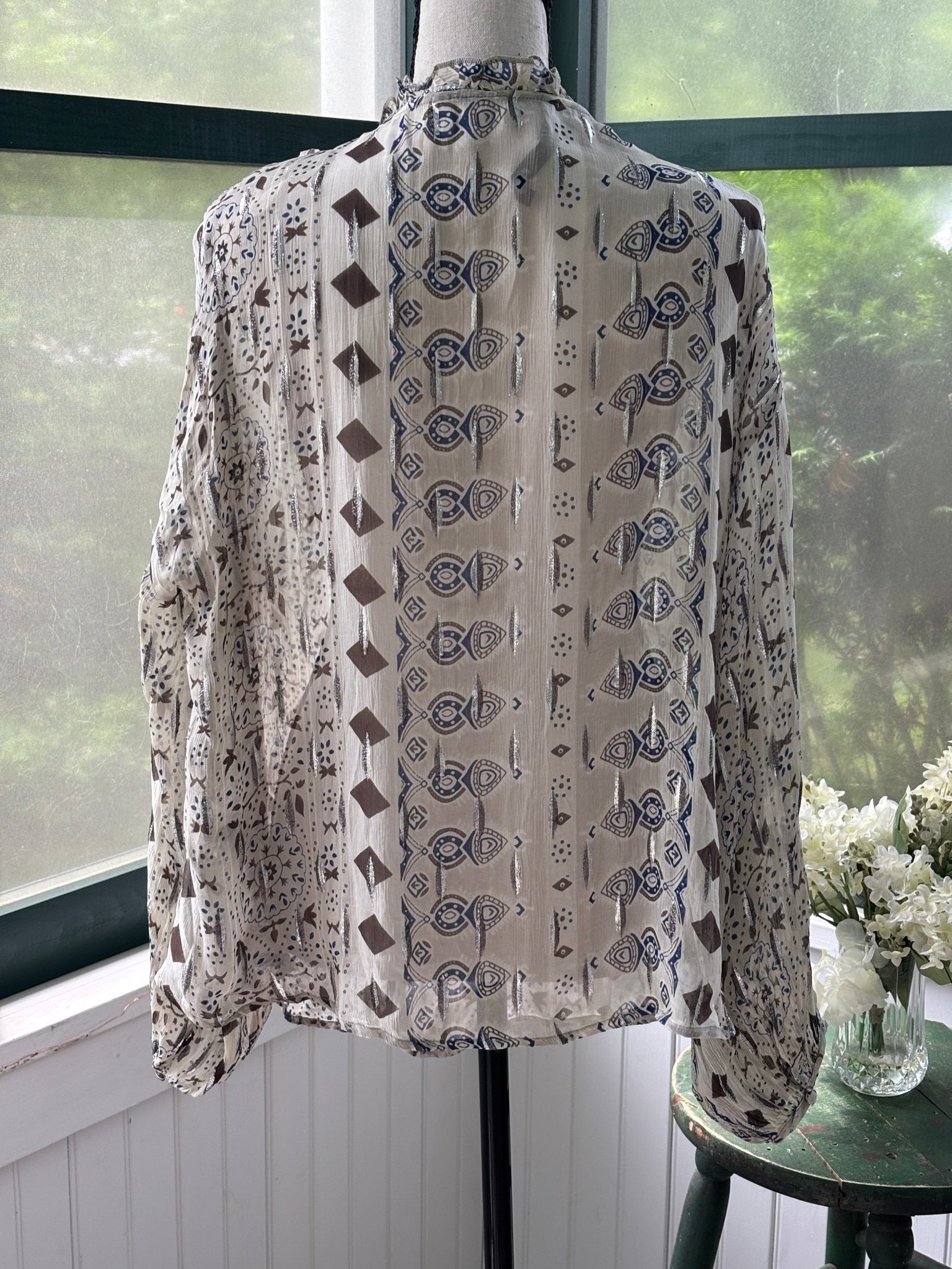 Zara ivory block print blouse back view showing balloon sleeves and gathered cuffs, size medium
